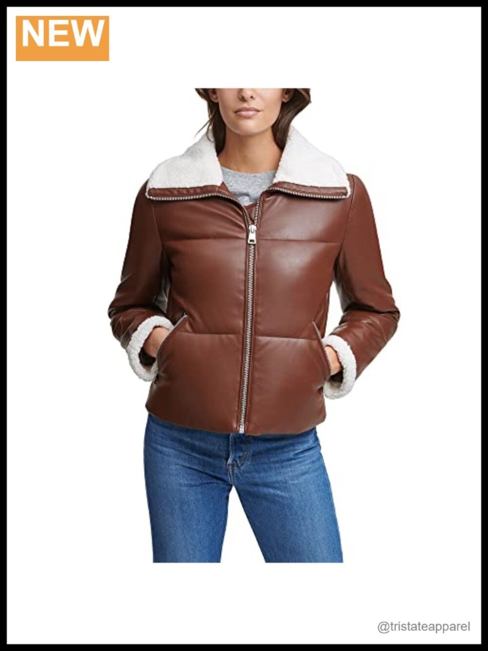 Faux Leather Puffer Jacket with Sherpa Collar - Women's Long Sleeve Quilted